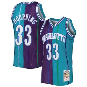Increíble Exquisito Alonzo Mourning Charlotte Hornets Hardwood Classics 1992/93 Split Swingman Jersey Teal/Purple