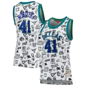 Original Delicioso Bonito Dirk Nowitzki Dallas Mavericks Women's 1998 Doodle Swingman Jersey White